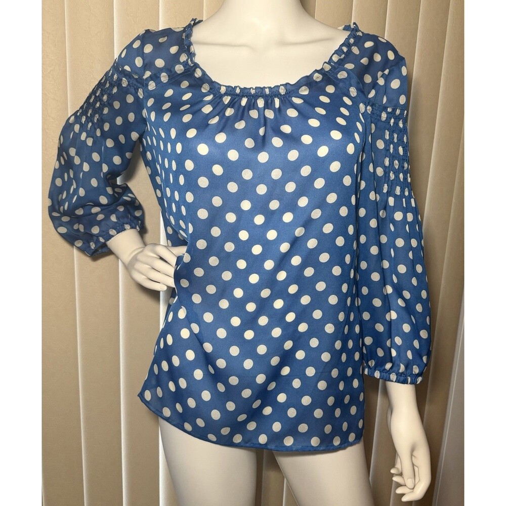 Outback Red Women’s M Blue White Polka Dot Blouse Sheer 3/4 Balloon Sleeve
